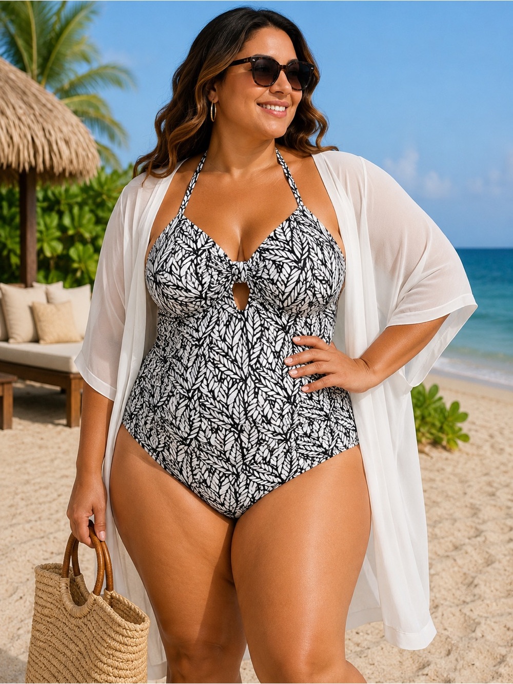Sea and Sand Black Leaf Keyhole Bathing Suit